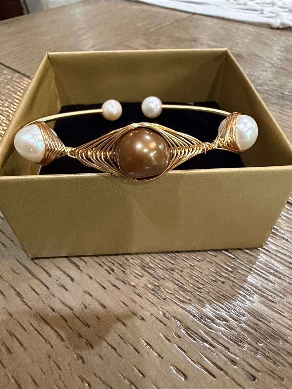 Gold Wire Wrapped Natural Pearl Open Bangle Bracelet with White and Brown Pearls